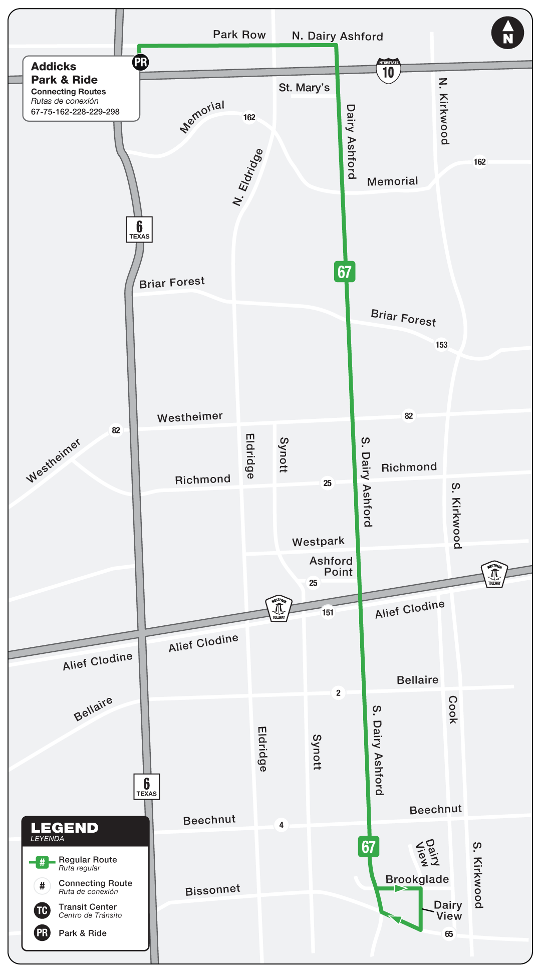 Route map for 67 Dairy Ashford bus.