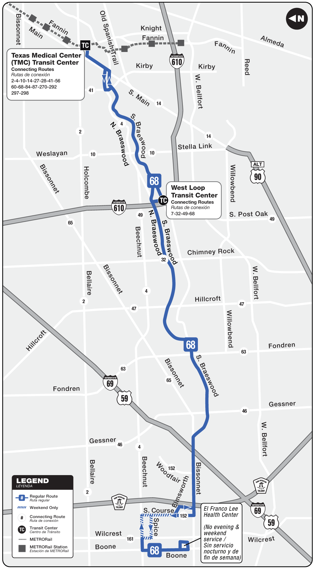 Route map for 68 Braeswood bus