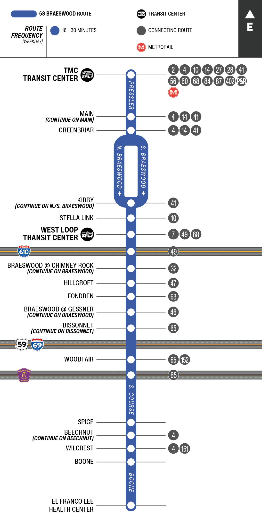 Route map for 68 Braeswood bus