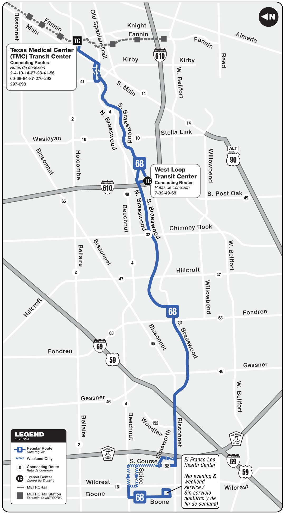 Route map for 68 Braeswood bus