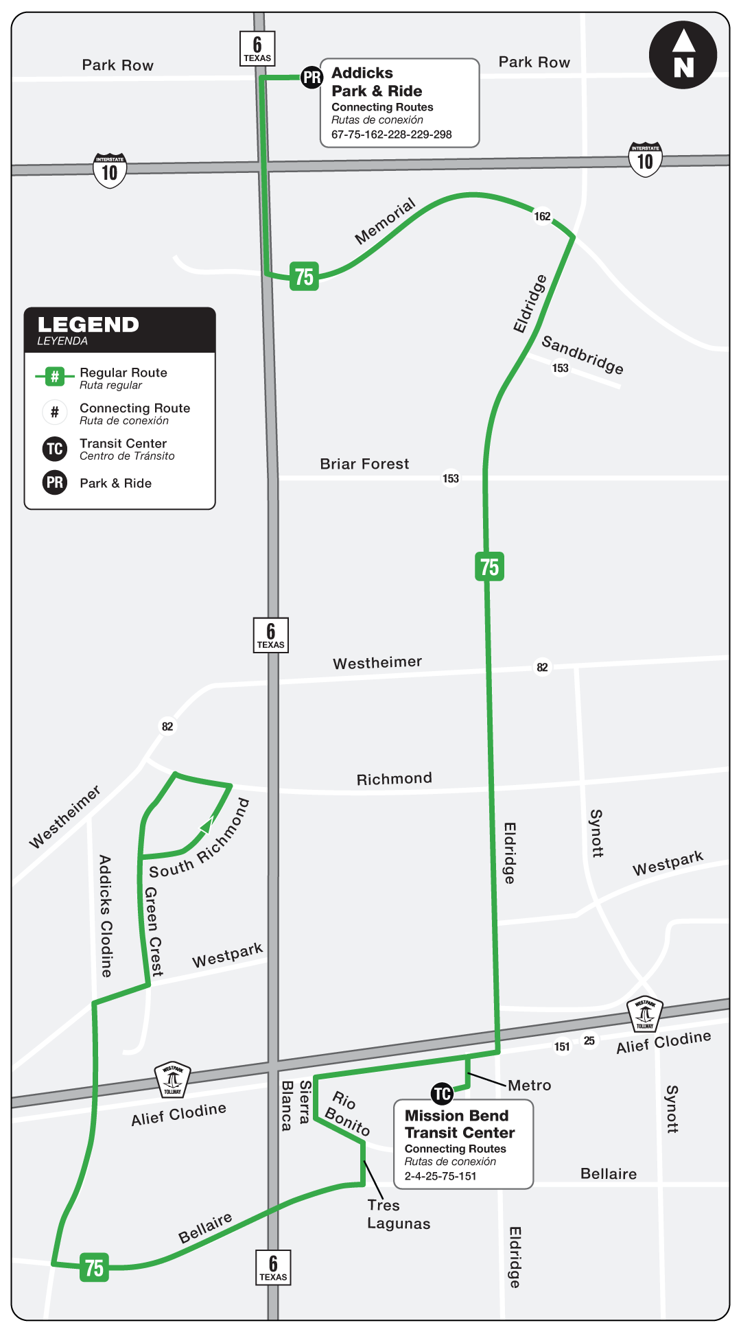Route map for 75 Eldridge bus.