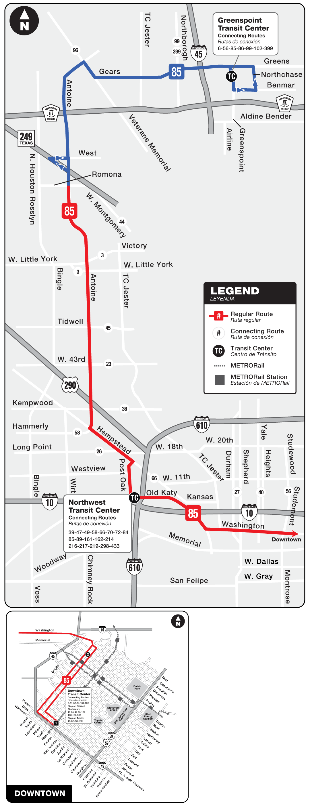 Route map for 85 Antoine / Washington bus