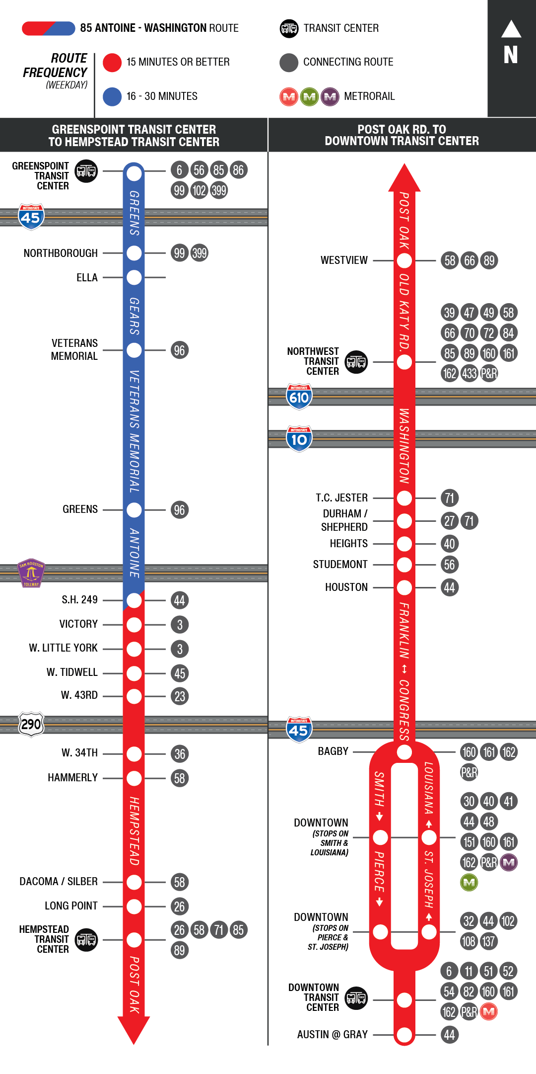 Route map for 85 Antoine / Washington bus