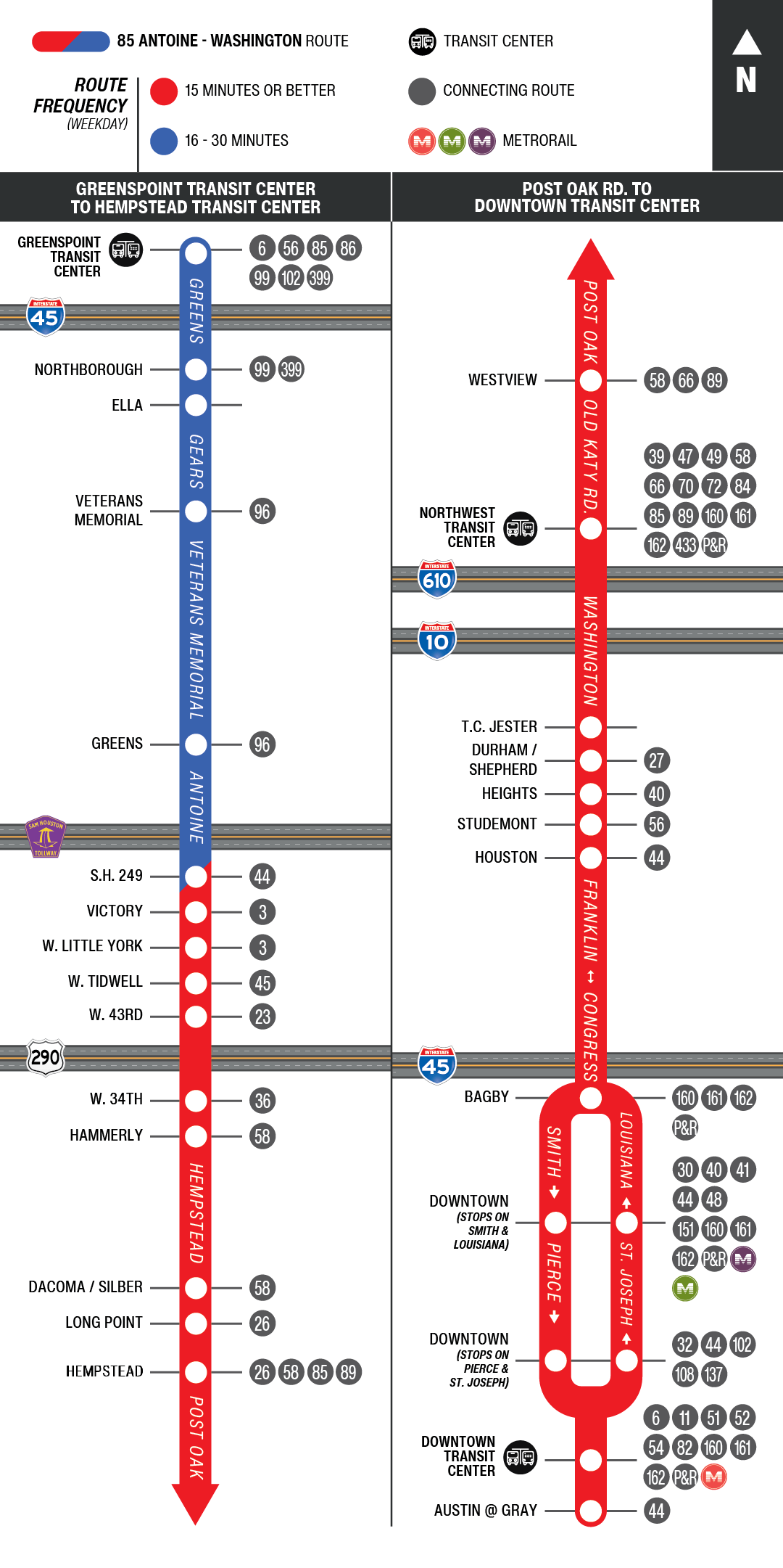 Route map for 85 Antoine / Washington bus