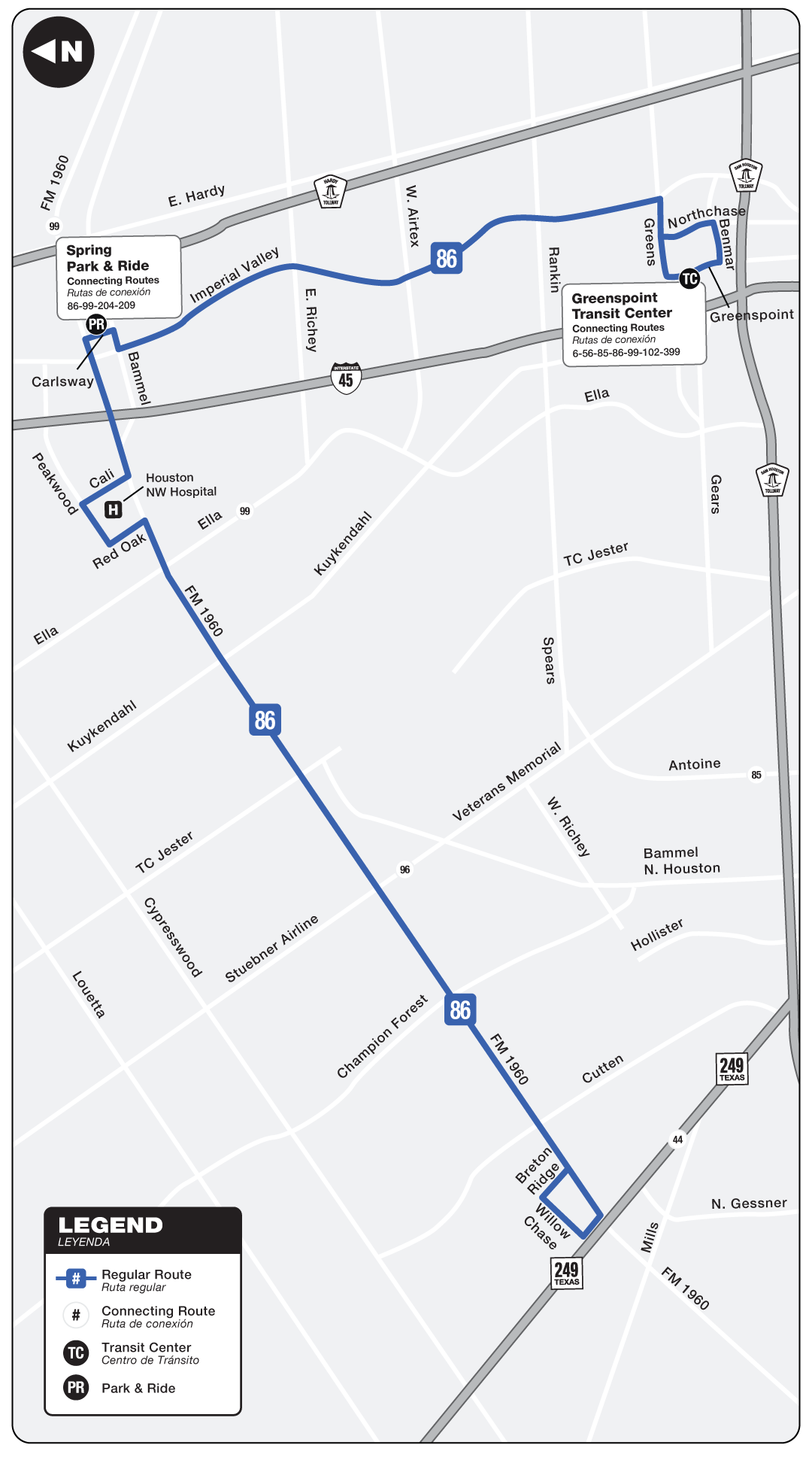 Route map for 86 FM 1960 / Imperial Valley bus.