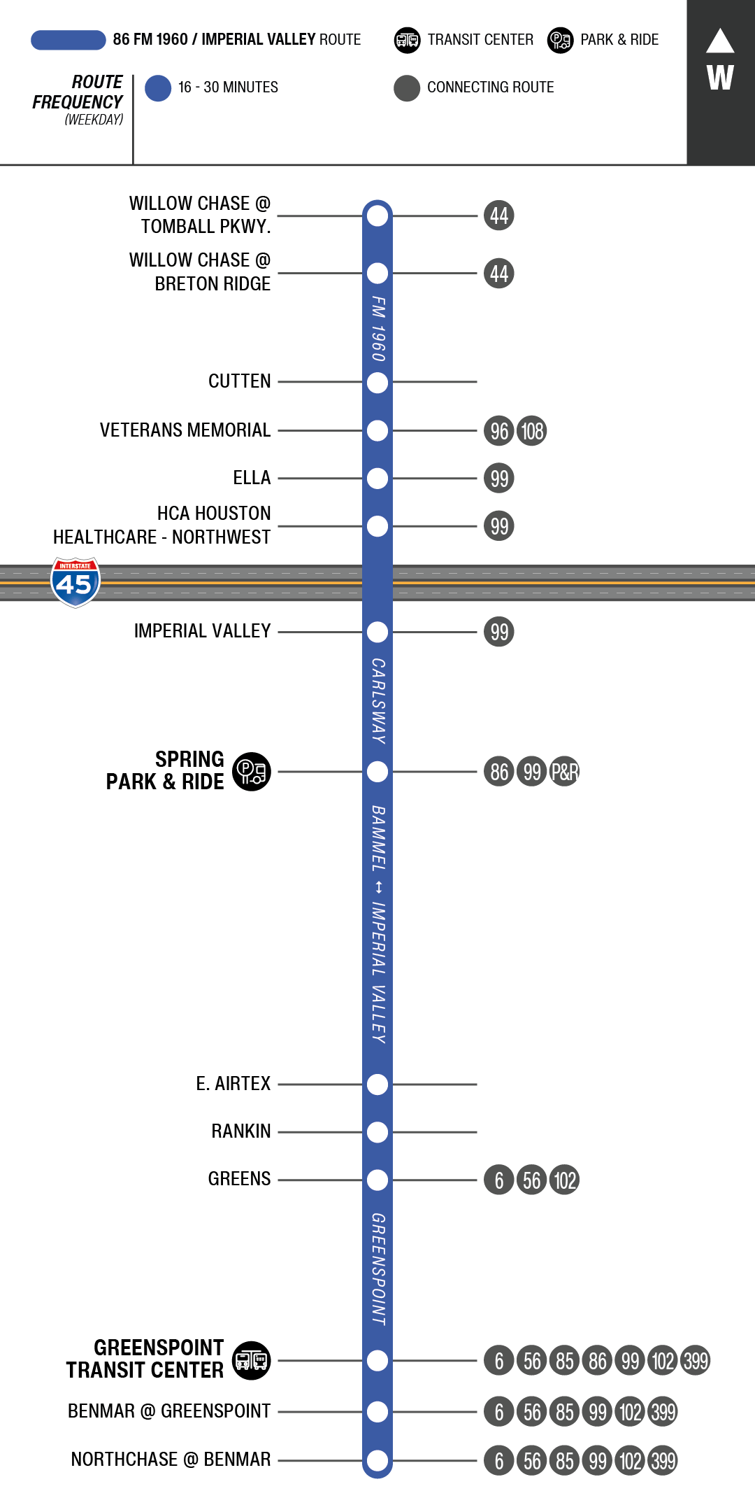 Route map for 86 FM 1960 / Imperial Valley  bus