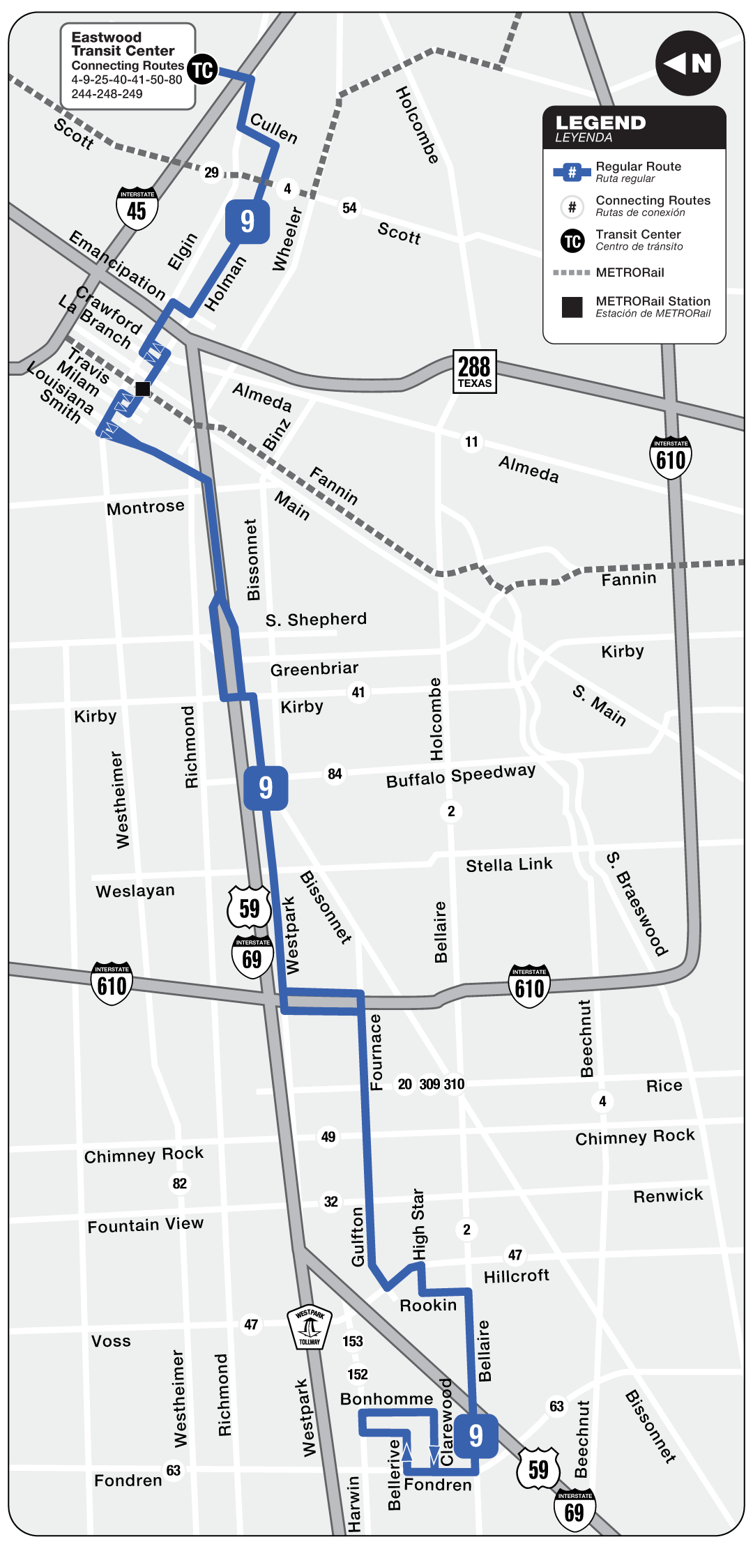 Route map for 9 Gulfton / Holman bus