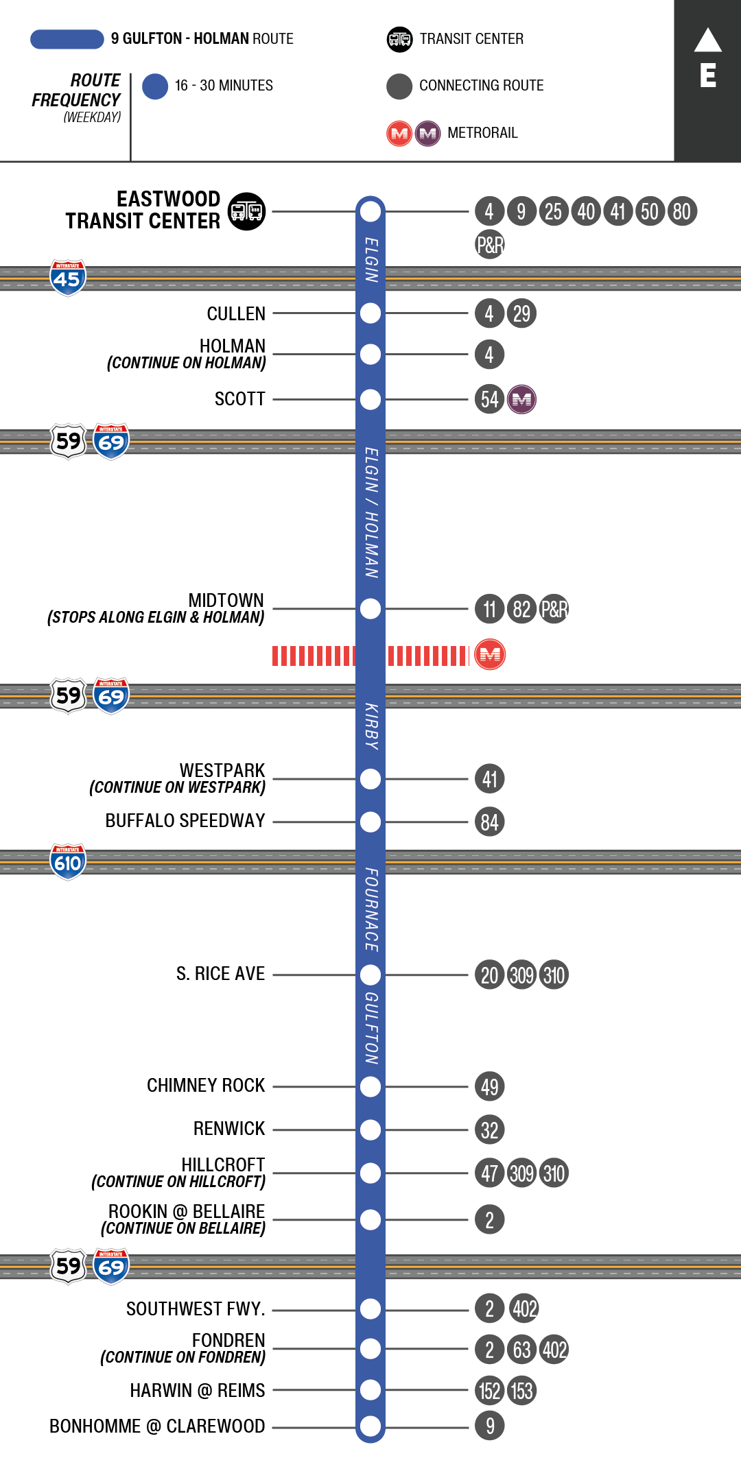 Route map for 9 Gulfton / Holman bus