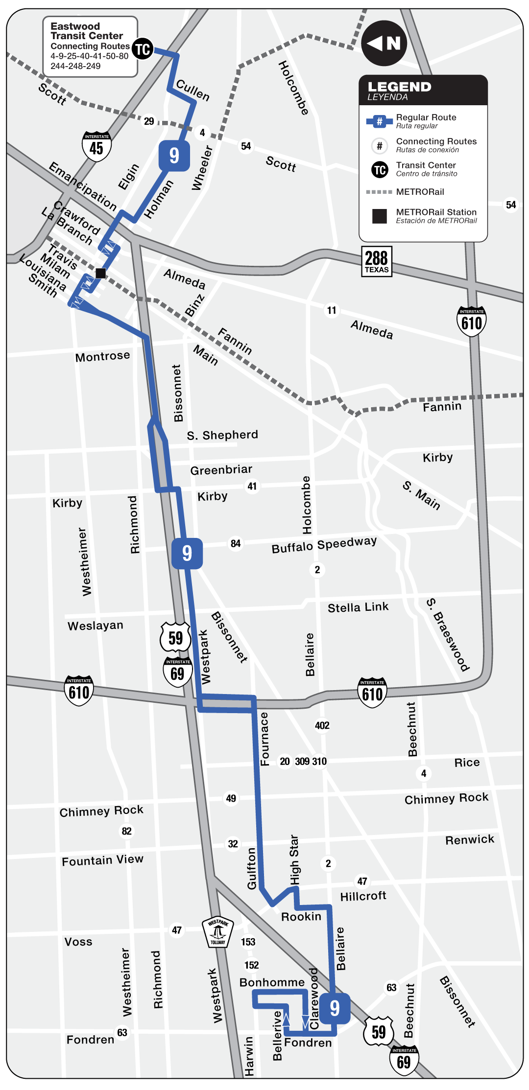 Route map for 9 Gulfton / Holman bus