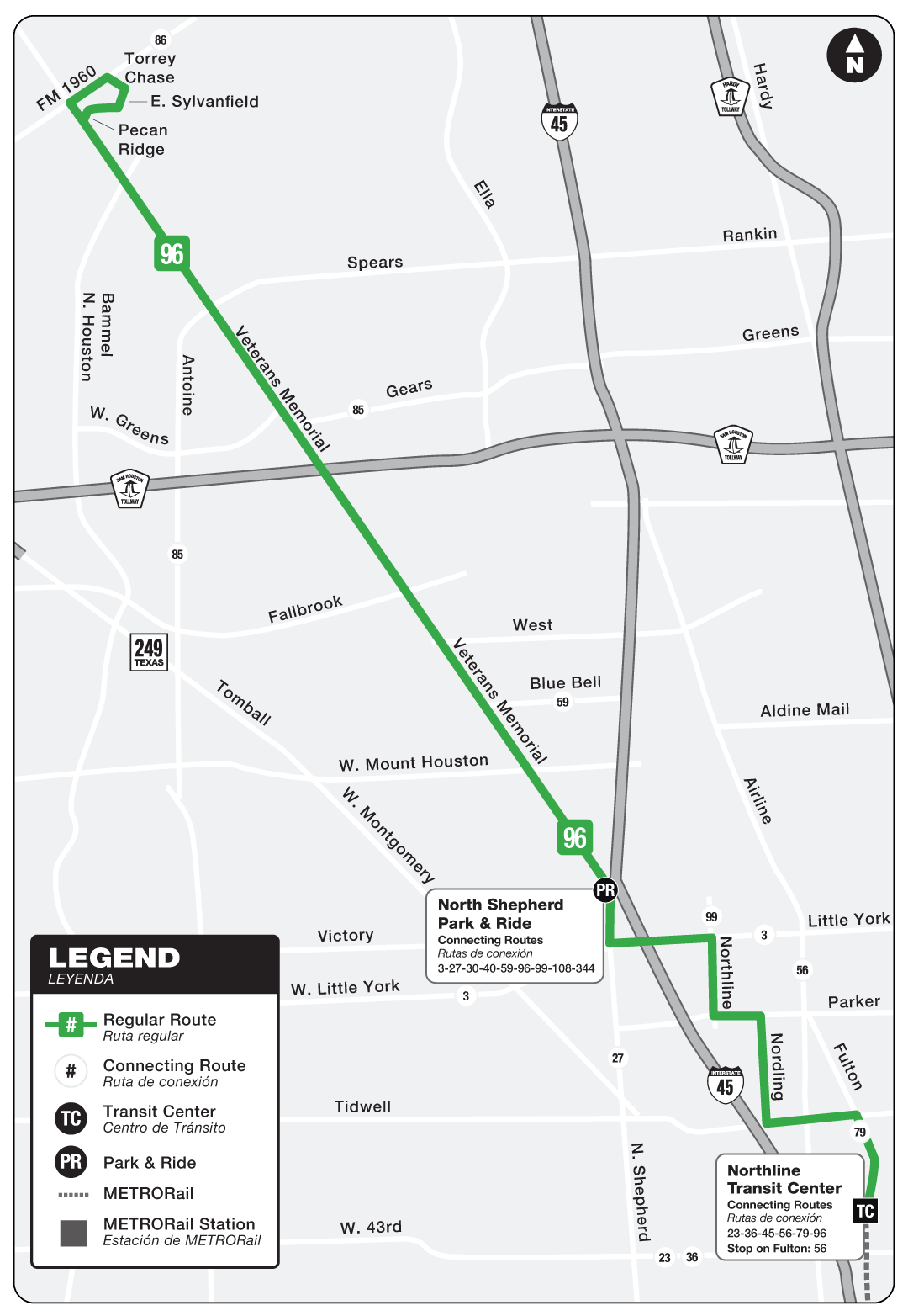 Route map for 96 Veterans Memorial bus