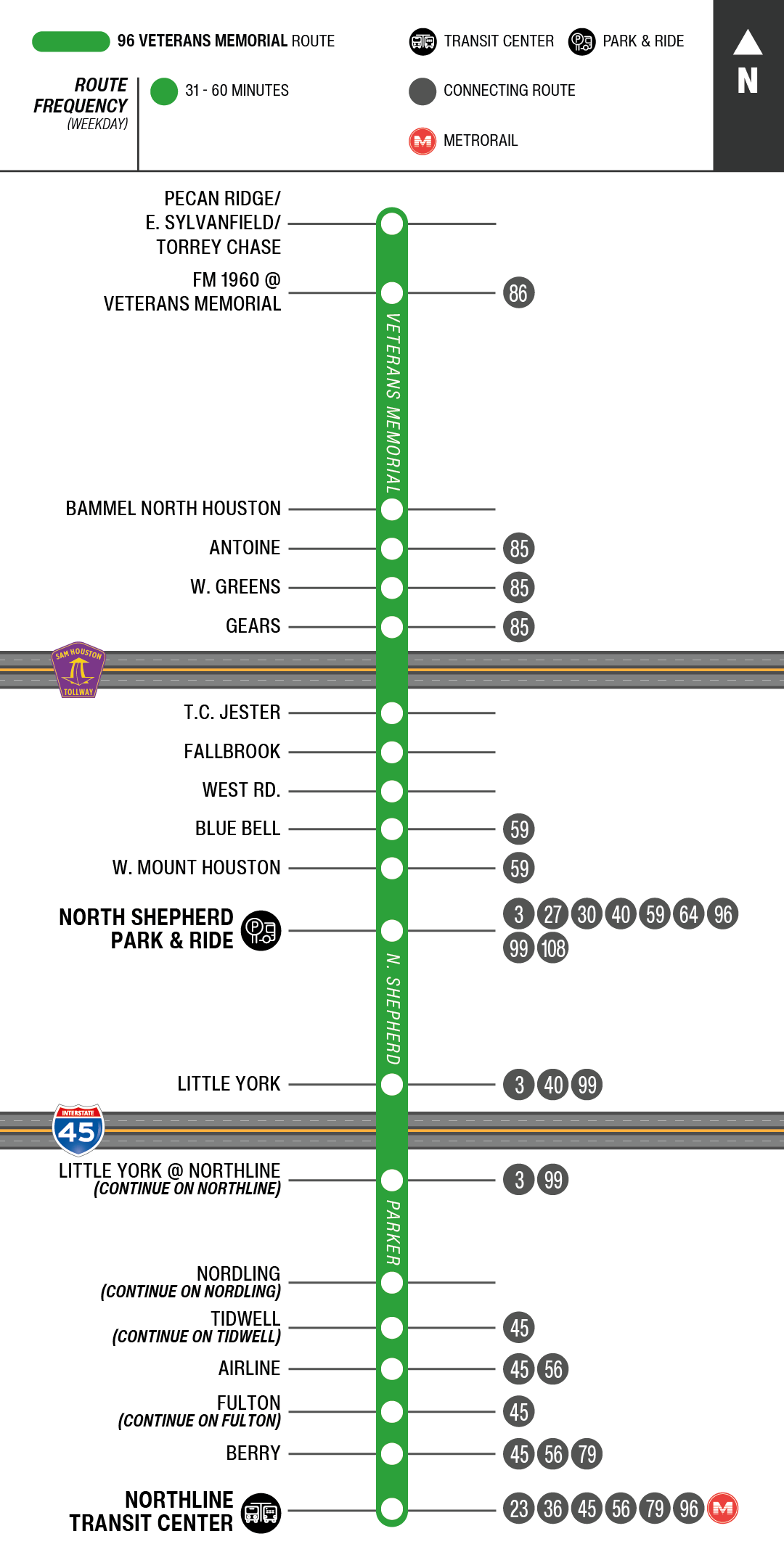 Route map for 96 Veterans Memorial bus