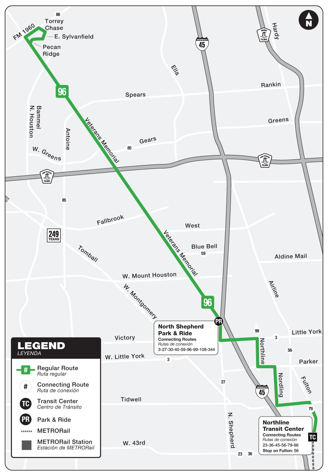 Route map for 96 Veterans Memorial bus