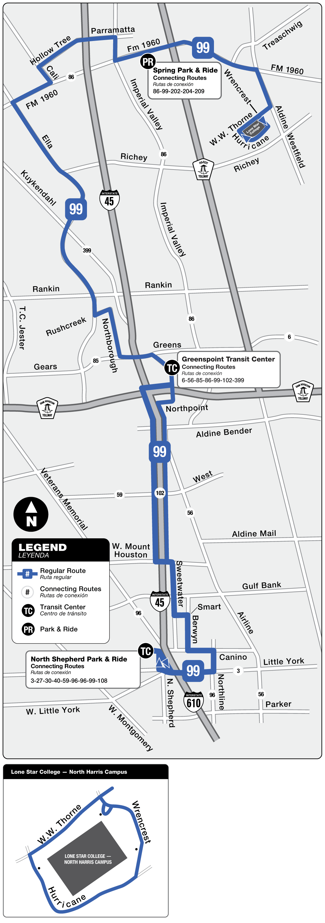 Route map for 99 Ella - FM 1960 bus