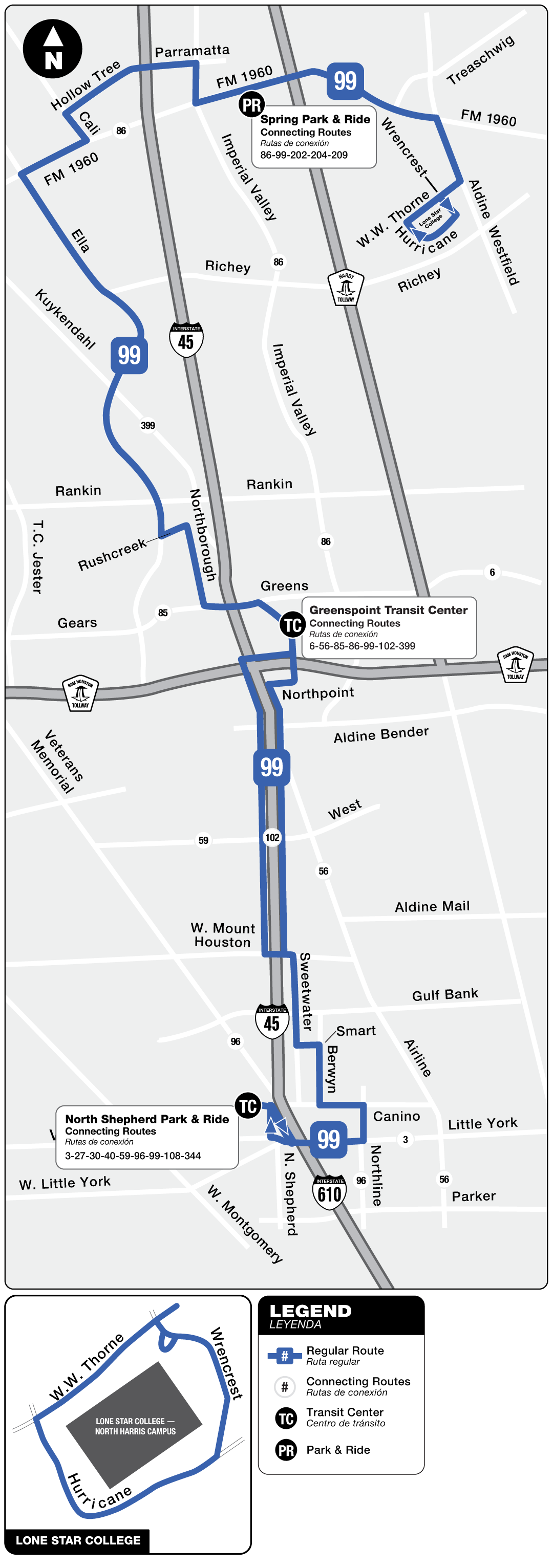 Route map for 99 Ella - FM 1960 bus.