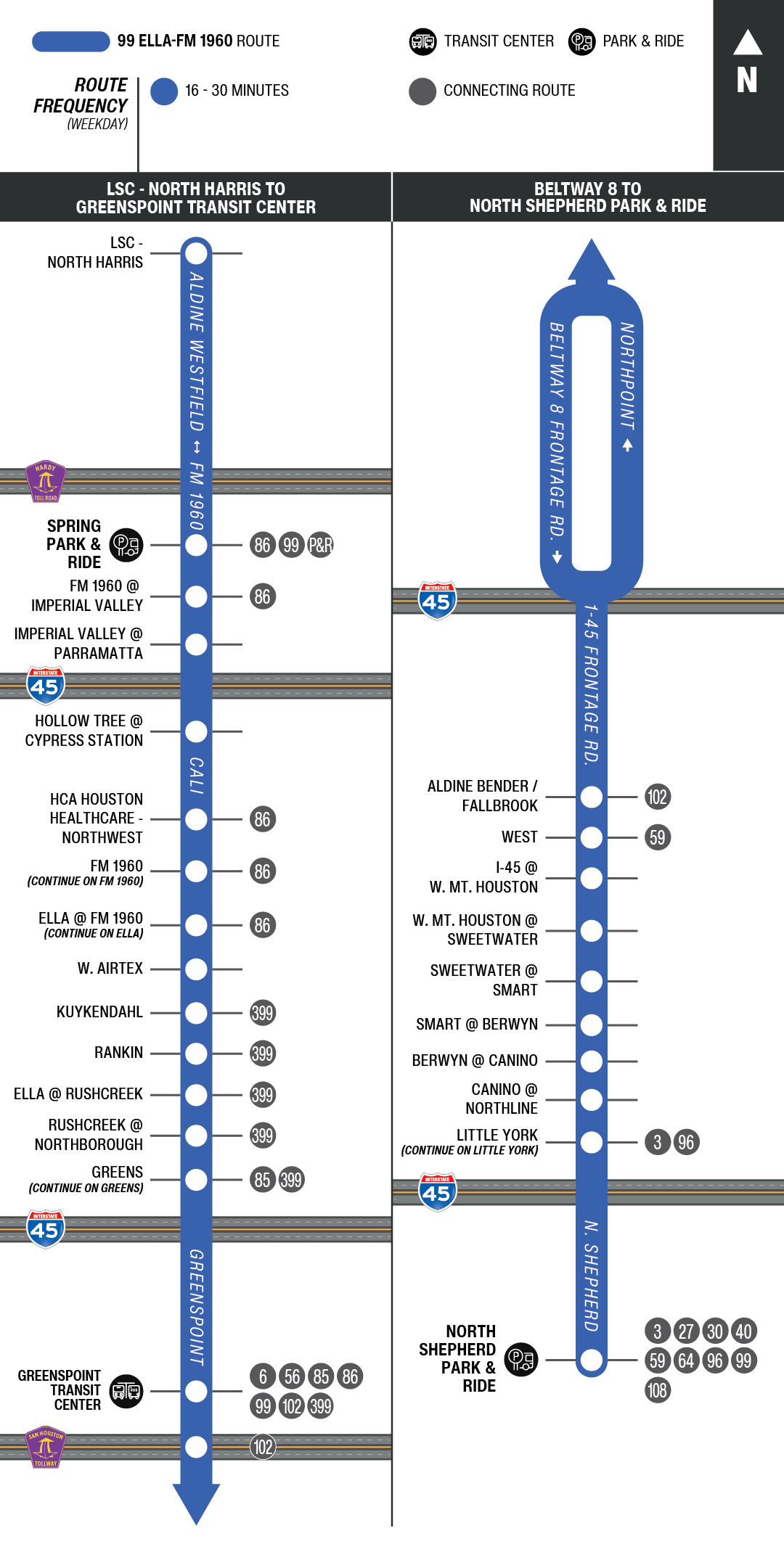 Route map for 99 Ella - FM 1960 bus