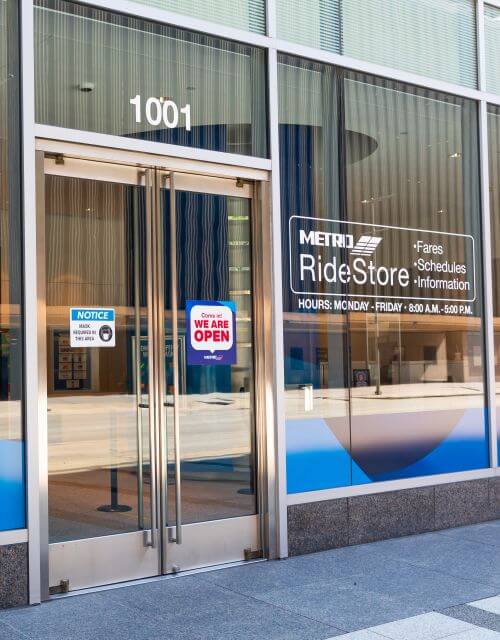 Entrance to METRO RideStore at 1001 Travis Street in Houston
