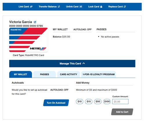 Card management screen as it appears when a customer logs in to their registered RideMETRO Card account though the Online RideStore.