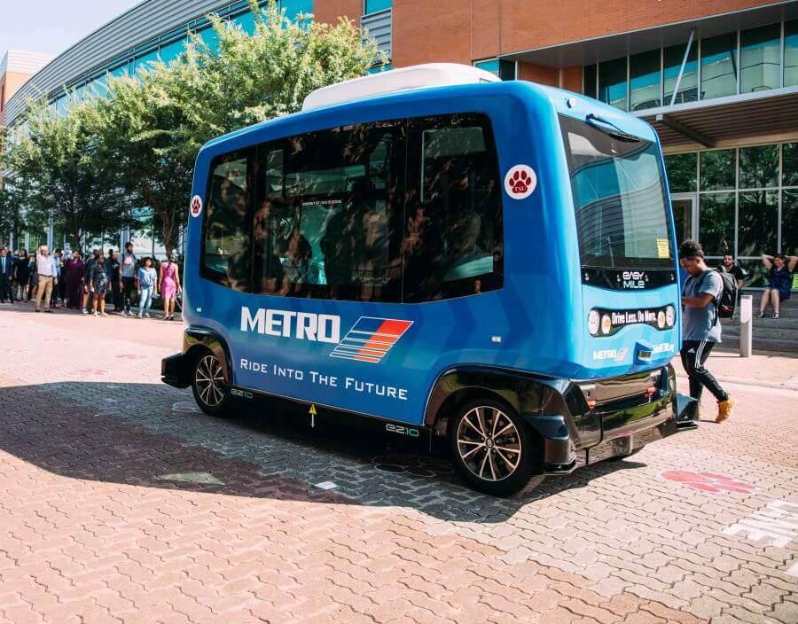 METRO autonomous vehicle driving along the Tiger Walk on the campus of Texas Southern University in Houston.