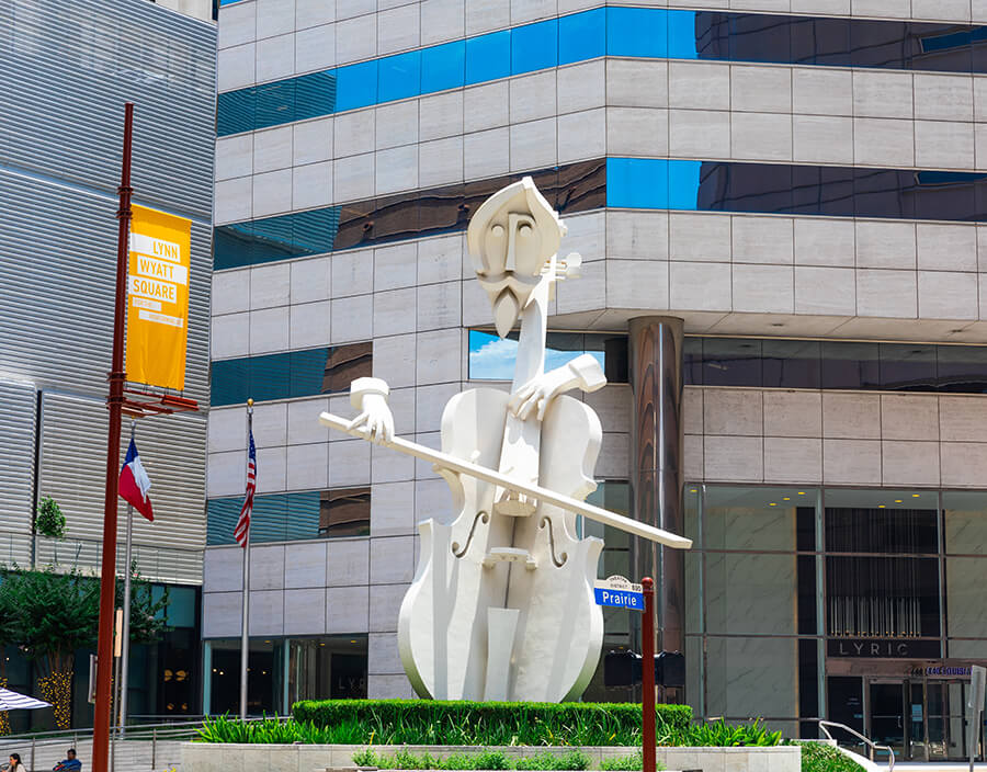 Photo of the virtuoso sculpture in the Theater District of downtown Houston.