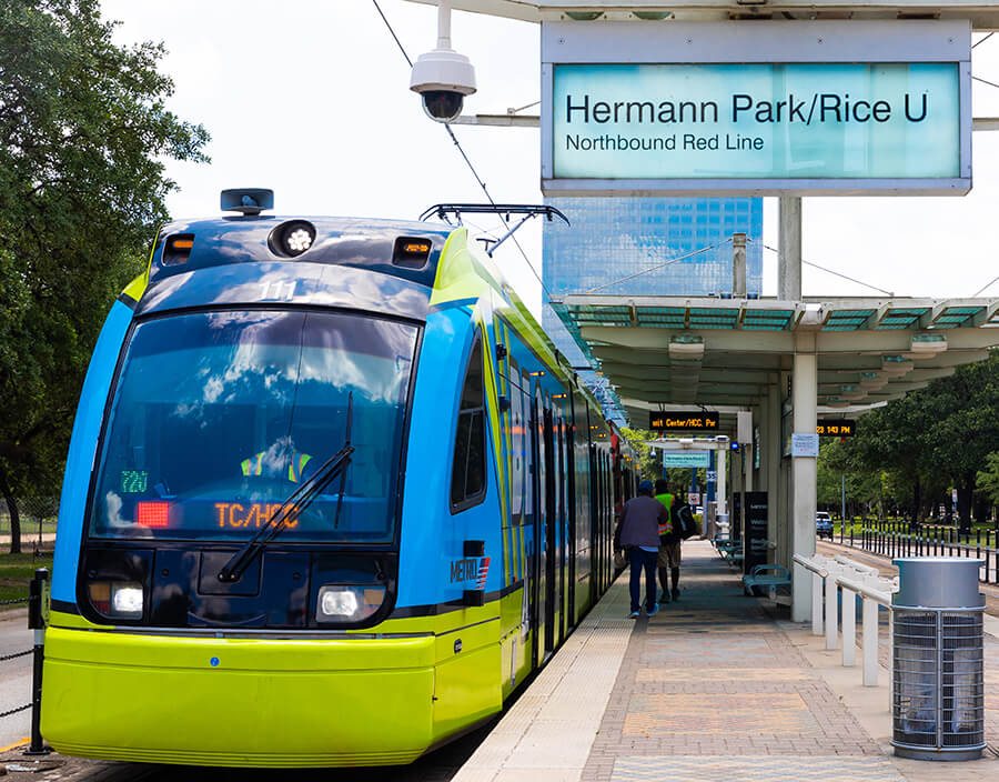 METRORail Red Line at the Hermann Park / Rice U station platform.