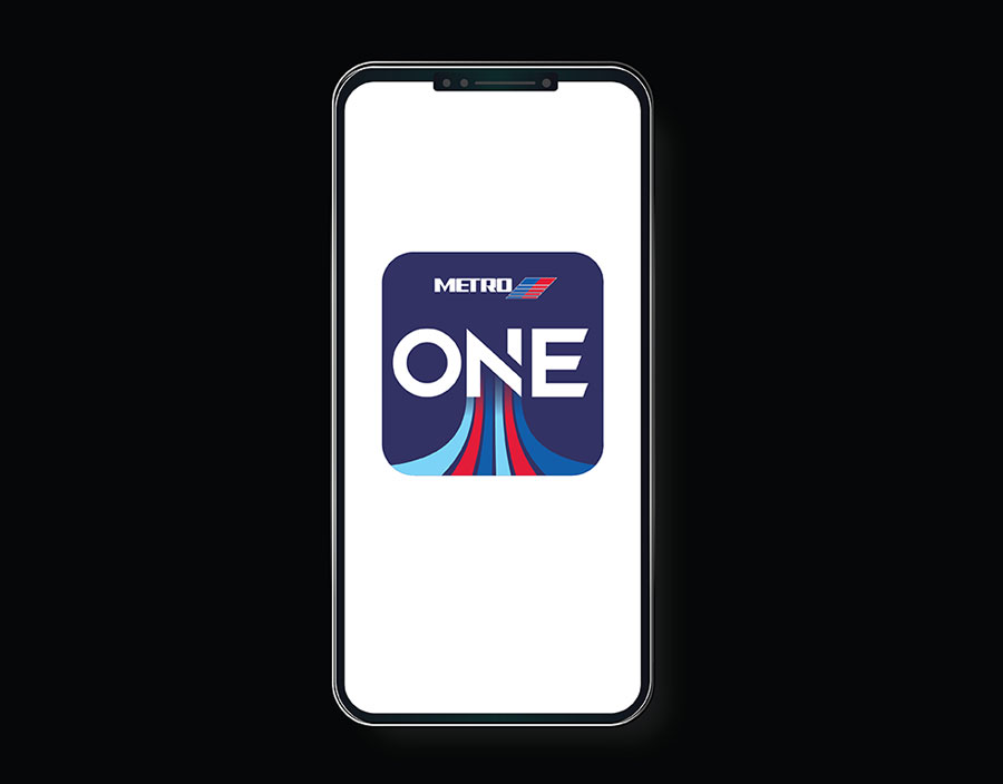 Smartphone graphic with a large "METRO ONE to Ride" app branded icon on screen.