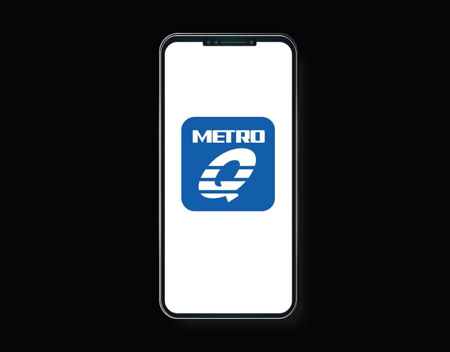 Graphic design image of a smartphone with a large METRO Q Mobile Ticketing app icon shown in the screen area.