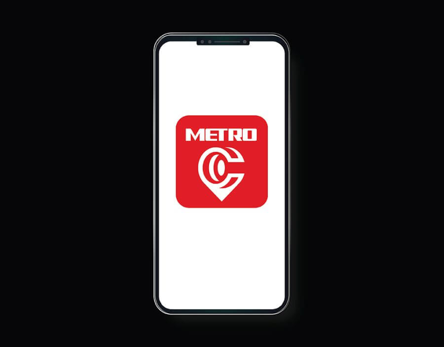 Graphic design image of a smartphone with a large METRO curb2curb app icon shown in the screen area.
