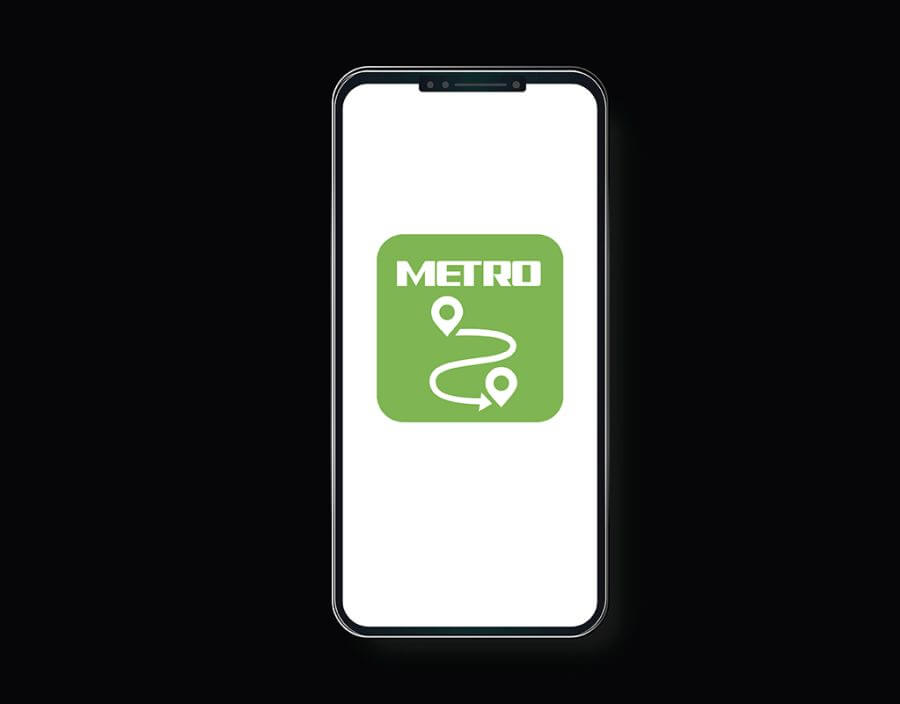 Graphic design image of a smartphone with a large METRO TRIP app icon shown in the screen area.