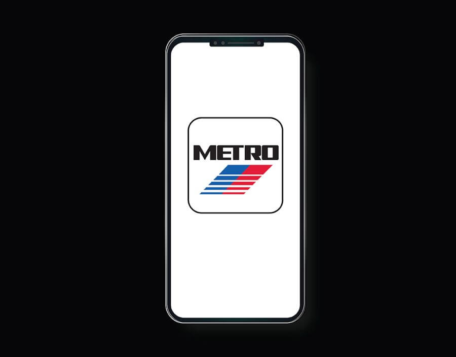 Graphic design image of a smartphone with a large RideMETRO app icon shown in the screen area.