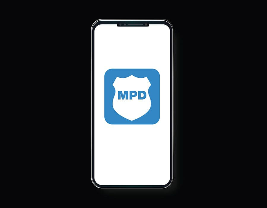 Graphic design image of a smartphone with a large MPD Connect app icon shown in the screen area.