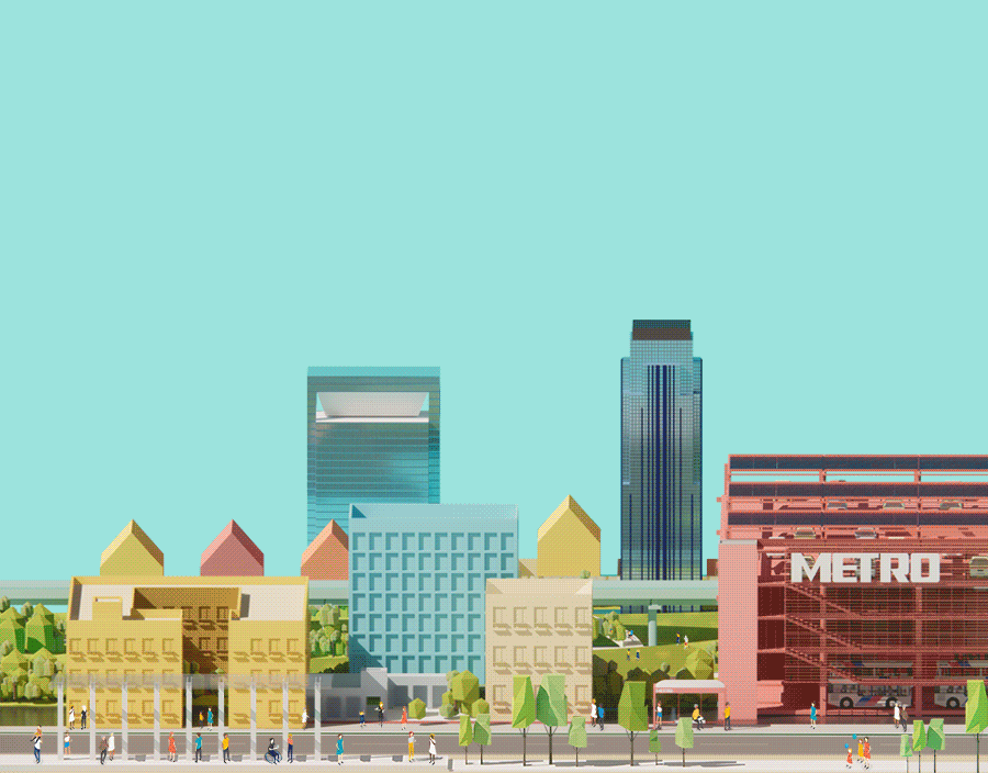 Animation showing various METRO transit services traveling through an urban landscape