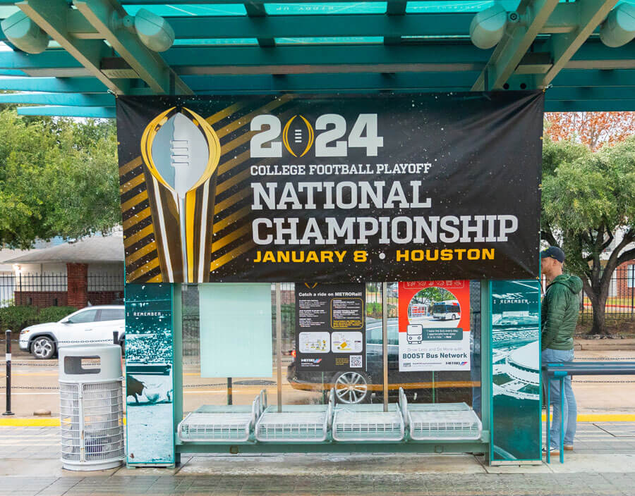 METRORail platform with banner of 2024 College Football Playoff National Championship.