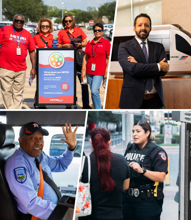 Collage of METRO employees including bus operator, police officer, field personnel and administrative staff.