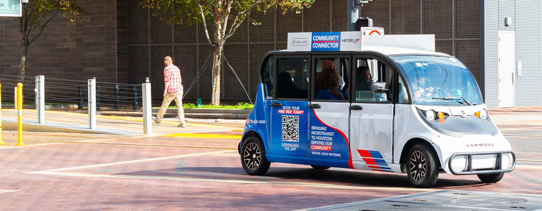 METRO Community Connector vehicle operating in downtown Houston.