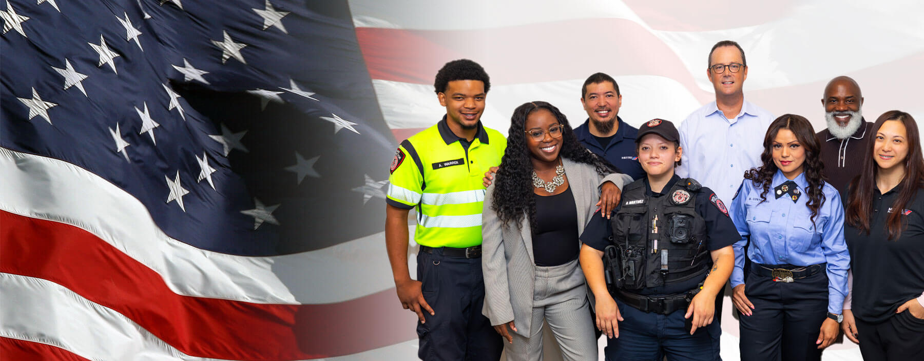 Labor Day graphic of the United States flag in the background with a diversity of METRO employees working together to provide mobility for all.