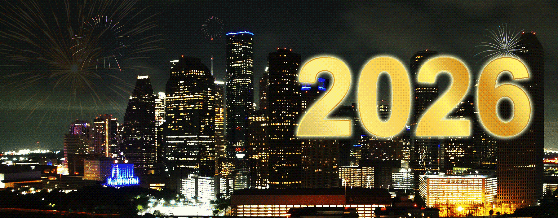Happy New Year 2026, Downtown Houston skyline at night with animated fireworks going off.
