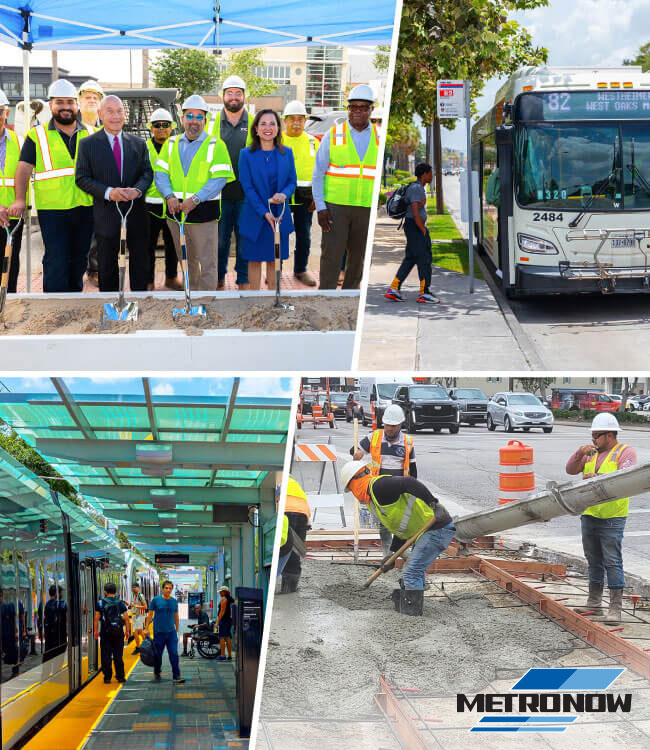 Collage of Mayor Whitmire and METRO board Chair Brock holding shovels breaking ground at an event. Including METRO services: local bus, construction workers pouring concrete and riders boarding METRORail train.