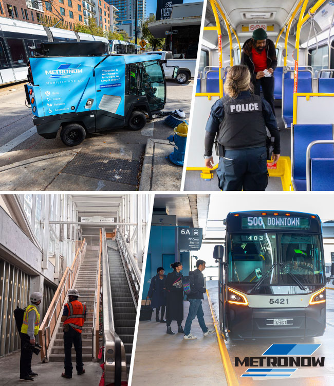 Collage of METRO street sweeper vehicle cleaning, police officer patrolling on board METRORail, construction staff inspecting newly installed escalator, and passengers boarding the 500 METRO Downtown Direct at the airport.