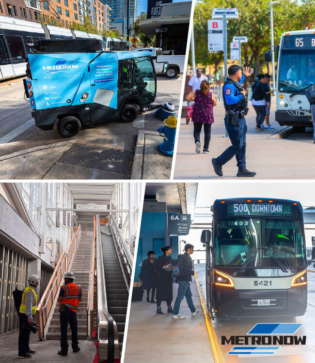 Collage of METRO street sweeper vehicle cleaning, police officer patrolling on boa, construction staff inspecting newly installed escalator, and passengers boarding the 500 METRO Downtown Direct at the airport.