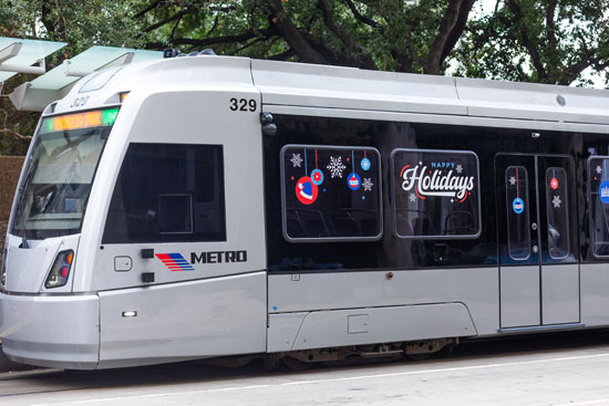 METRORail train decorated for the Houston City Lights event.