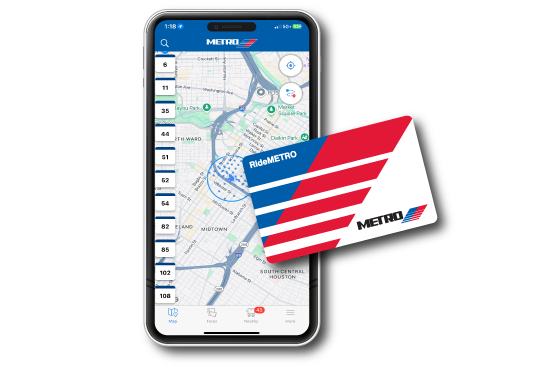 RideMETRO Fare Card overlapping smartphone with RideMETRO app.