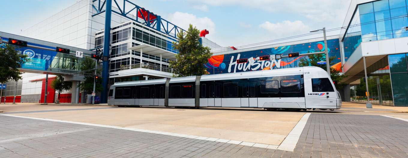 The METRORail Purple Line travels from the Theater District to Third Ward.