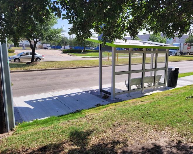 A universally accessible bus stop and shleter in the Near Northwest District.