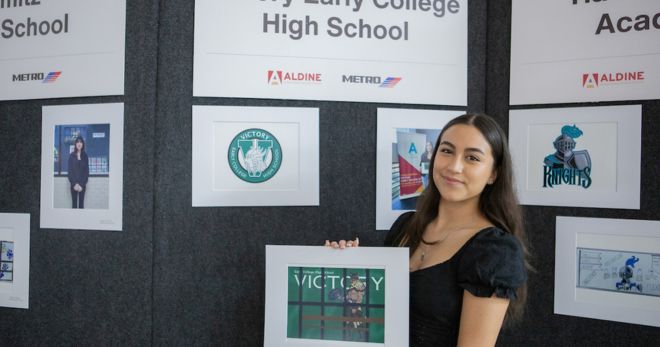 Victory Early College High School sophomore Jazlyn Otero’s drawing depicts a Viking. According to Jazlyn, “The strong Viking shows our determination as a whole campus and how dedicated we are to our study.”