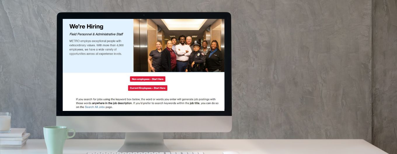 Computer screen displaying METRO's new careers page.