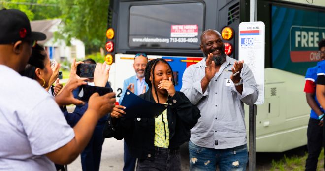 Kashmere student Tianna Newell is overcome with emotion as she sees the METRO bus shelter for the first time.