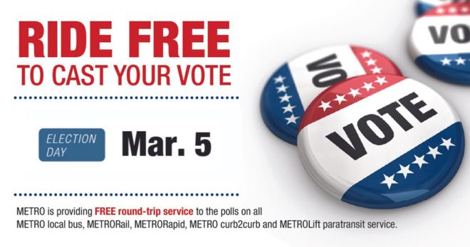 Graphic showing free rides to voting locations on Tuesday, March 5, 2024.