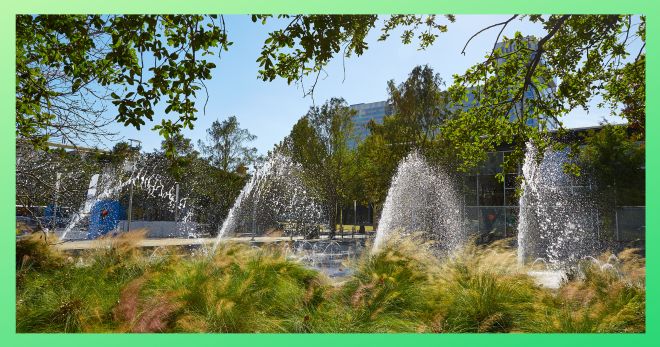 Water fountains at Dsicovery Green.