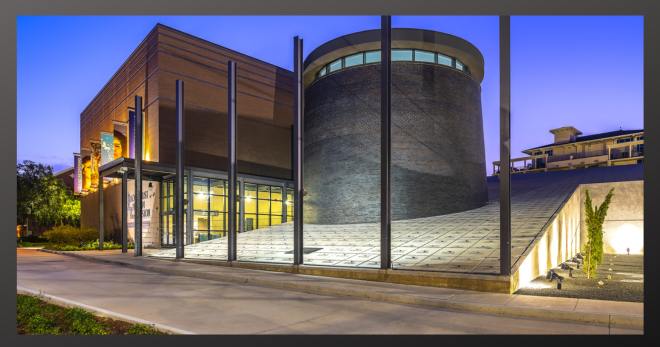 Evening photo of the Houston Holocaust Museum