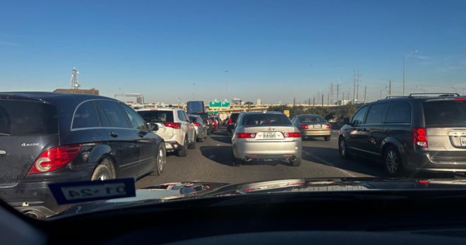 Driver view of freeway traffic.